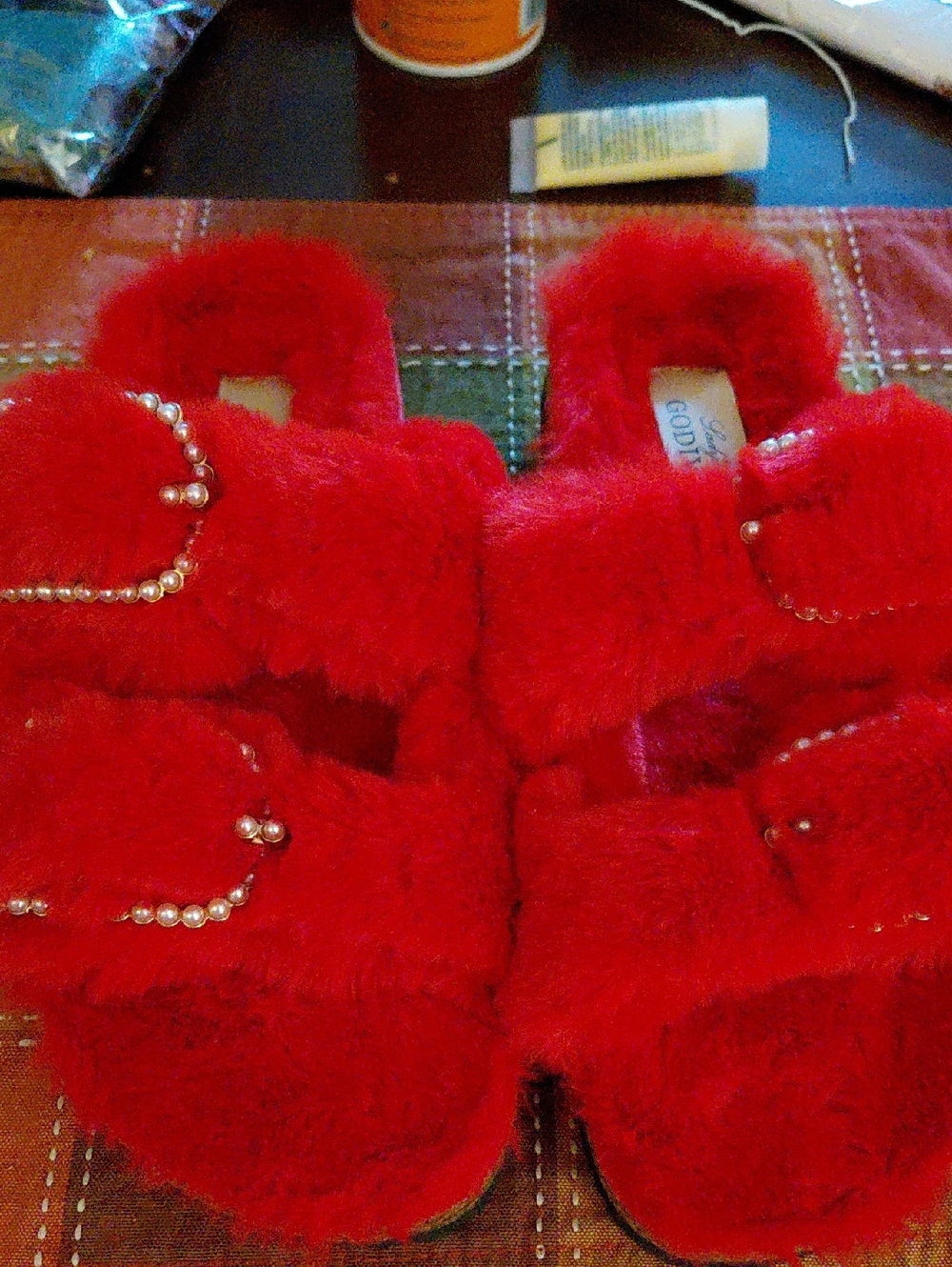 Diva Red Faux-Fur Slide Mules with Pearl Accents